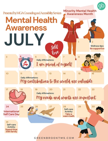 Calendar of July's mental health dates and reminders.